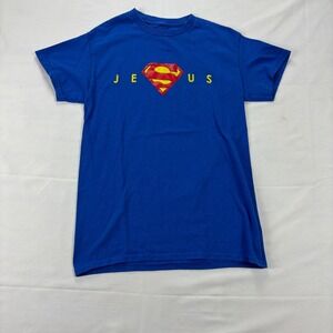 Jesus Superman Graphic T-Shirt Christian Parody Blue Mens Small Gildan